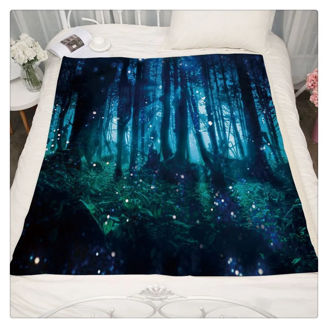 Soft Cartoon Polyester warm winter Blanket Thickened Double-layer Glamorous and dreamlike forest tree Printed | Дом и сад