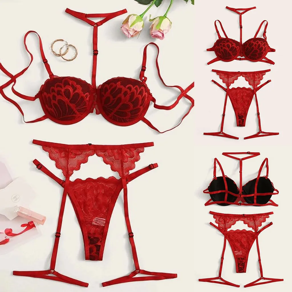 Рождественский красный цветочный кружевной комплект нижнего белья с подвязками