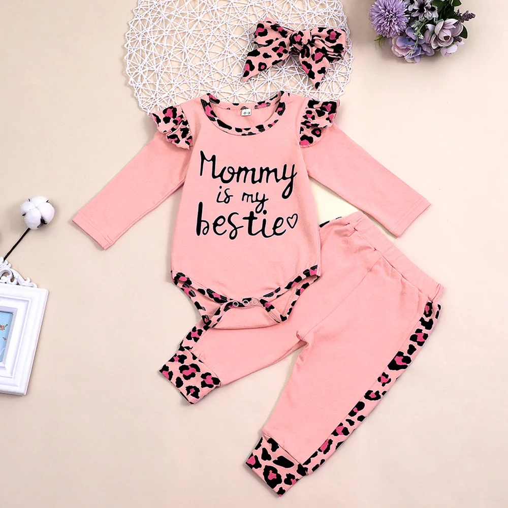 

Newborn Infant Baby Clothing 3PCS Set Litter Print Outfit Leopard Long Short Romper+Long Pants+Headband Baby Clothes Outfit D30