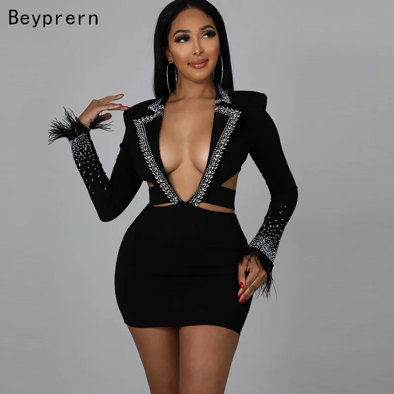 

Beyprern New Chic Cut-Out Rhinestone Feather Patchwork Blazer Dress Eleagnt Formal Sequins Business Dress Sexy Party Outfits