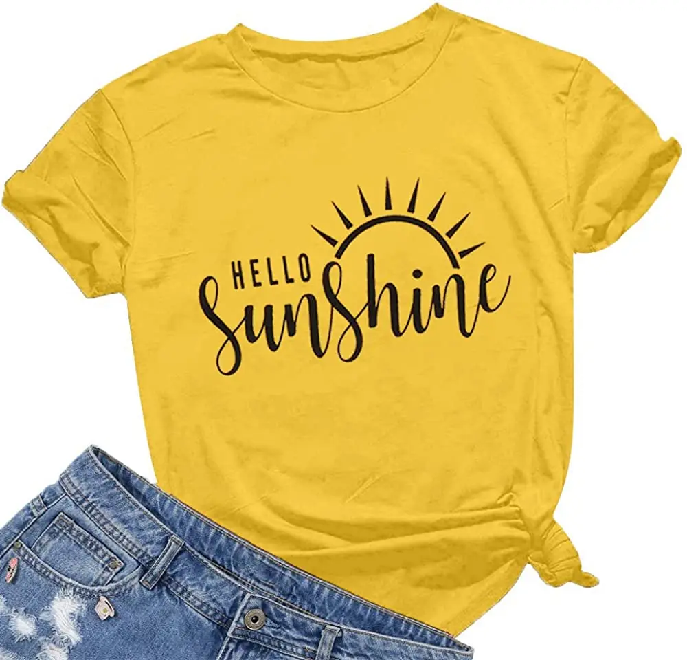 

Women Kawaii Hello Sunshine T Shirt Women Letters Print Shirt Cute Graphic Shirts Summer Casual Short Sleeve Tees Shirts Tops