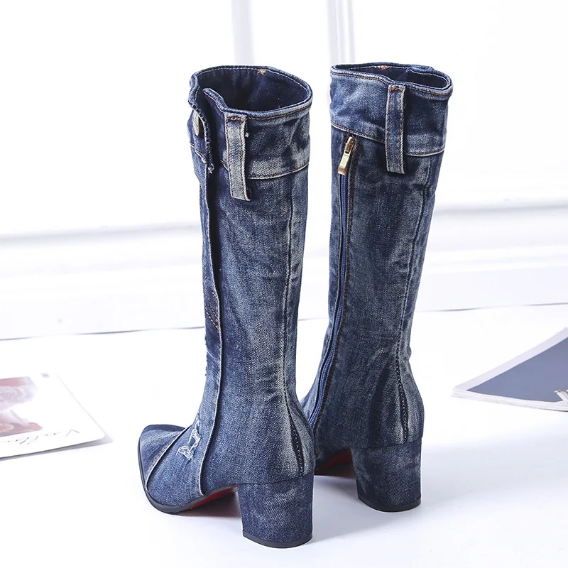 Для женщин длинные зимние ботинки на высоком каблуке джинсовые Женские стильные