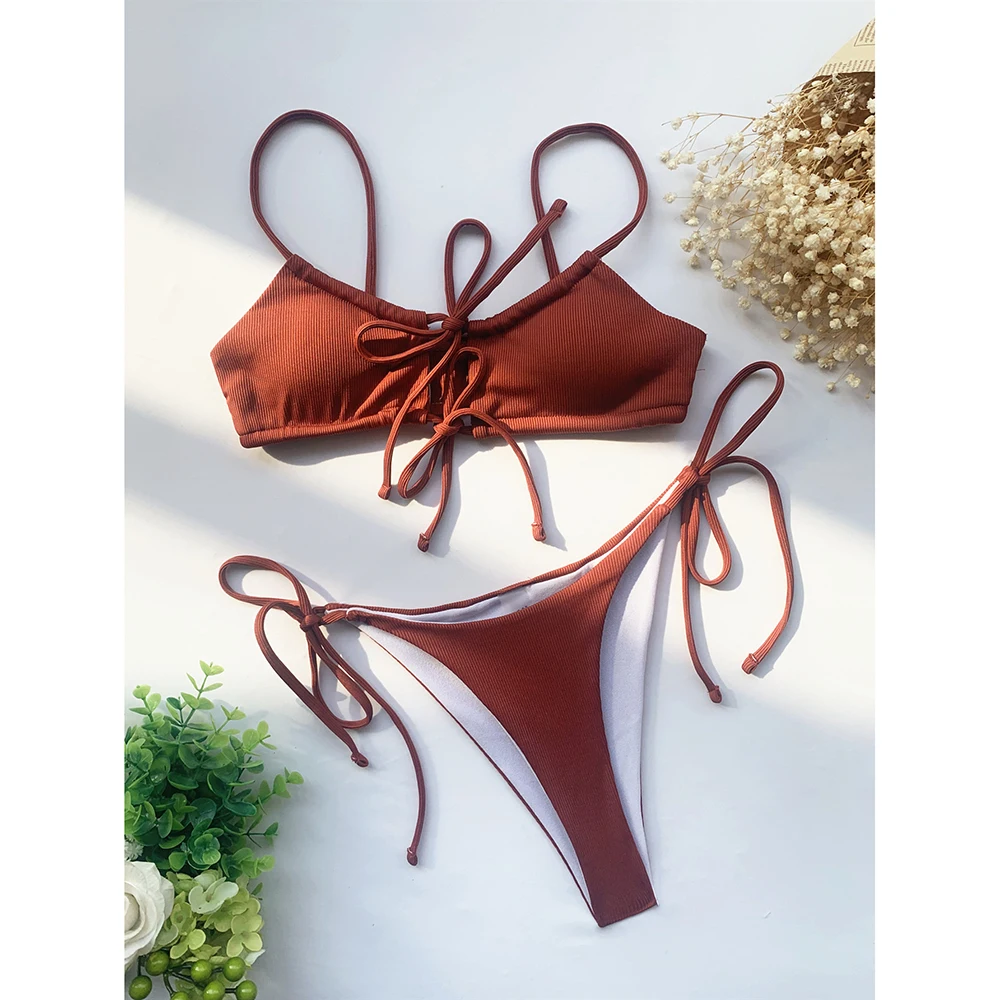 

Multi Straps Padded Hollow Women Bikini Sets Pure Color Tied Female Bikini LM141