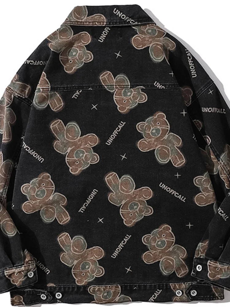 

Men Bear Full Print Jean Jacket Couple Japan Retro Embroidery Cotton Outerwear Loose Casual Lapel Thin Section High Street Coat