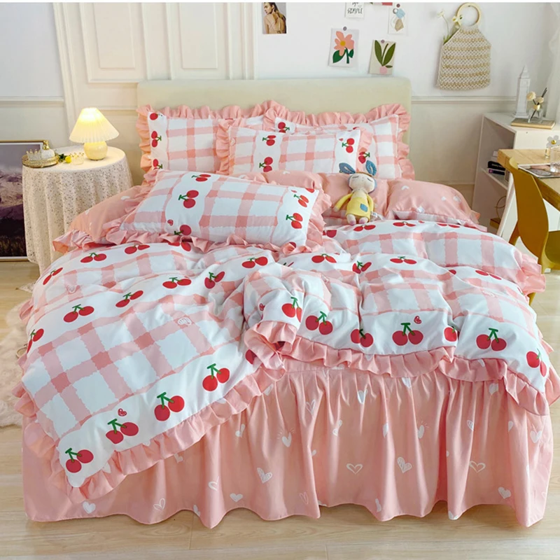 2021 Cute Lion White Bedding Set Kids Colorful Duvet Cover For Girls Bed Skirt Autumn 3/4 Pieces Lace Cartoon Linen | Дом и сад