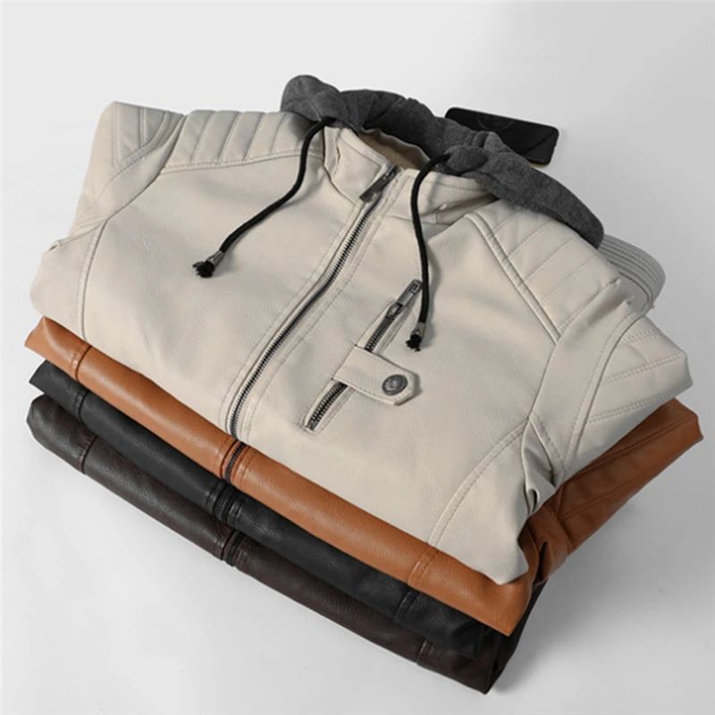 

Men Solid Color Plush Coat Fashion Hooded Plus Size XL 5XL Coat Men PU Leather Drawstring Pocket Zipper Street Winter Jacket