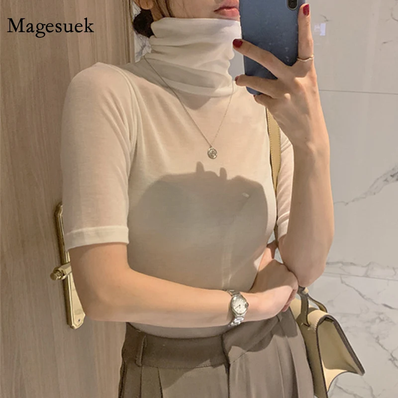 

New Knitted White Blouse Women Short Sleeve Summer White Top Female Office Lady Solid Shirt Casual Turtleneck Blouse Blusa 12874