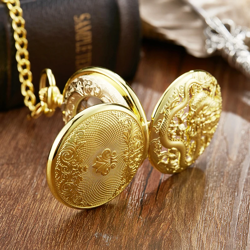Roman Numeral Luxury Mechanical Pocket Watch Gold Dragon Steampunk Dual Open Skeleton Dial Fob Chain Clock for Men Dropshipping
