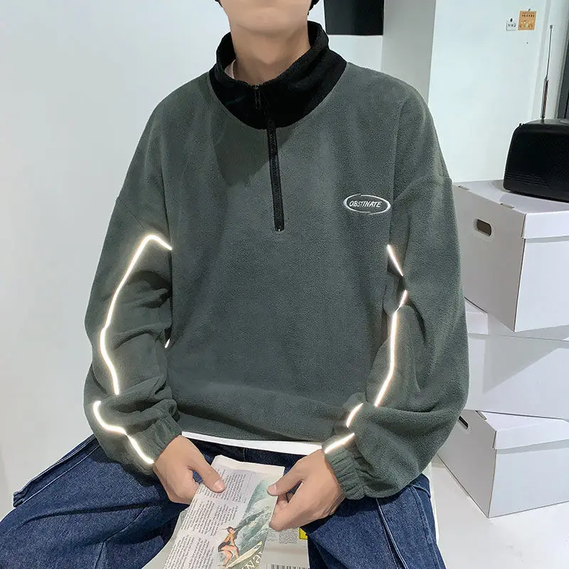 

2021 Spring And Autumn New Youth Popular Loose Color Matching Half Zipper Sweatshirt Fashion Casual All-match Reflective Top
