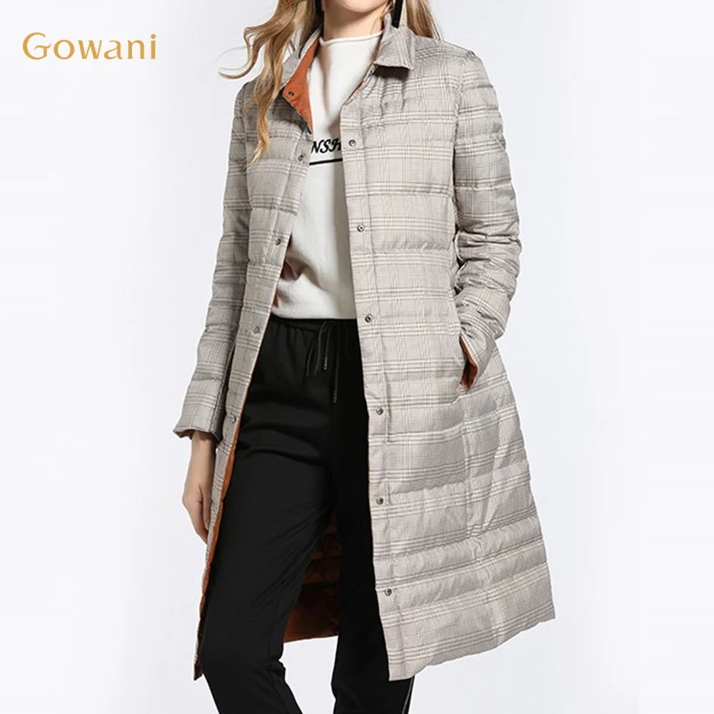 

Gowani куртка двухсторонняя пуховая, коричневые/серые клетчатые пальто женское стеганое длинные зимняя одежда