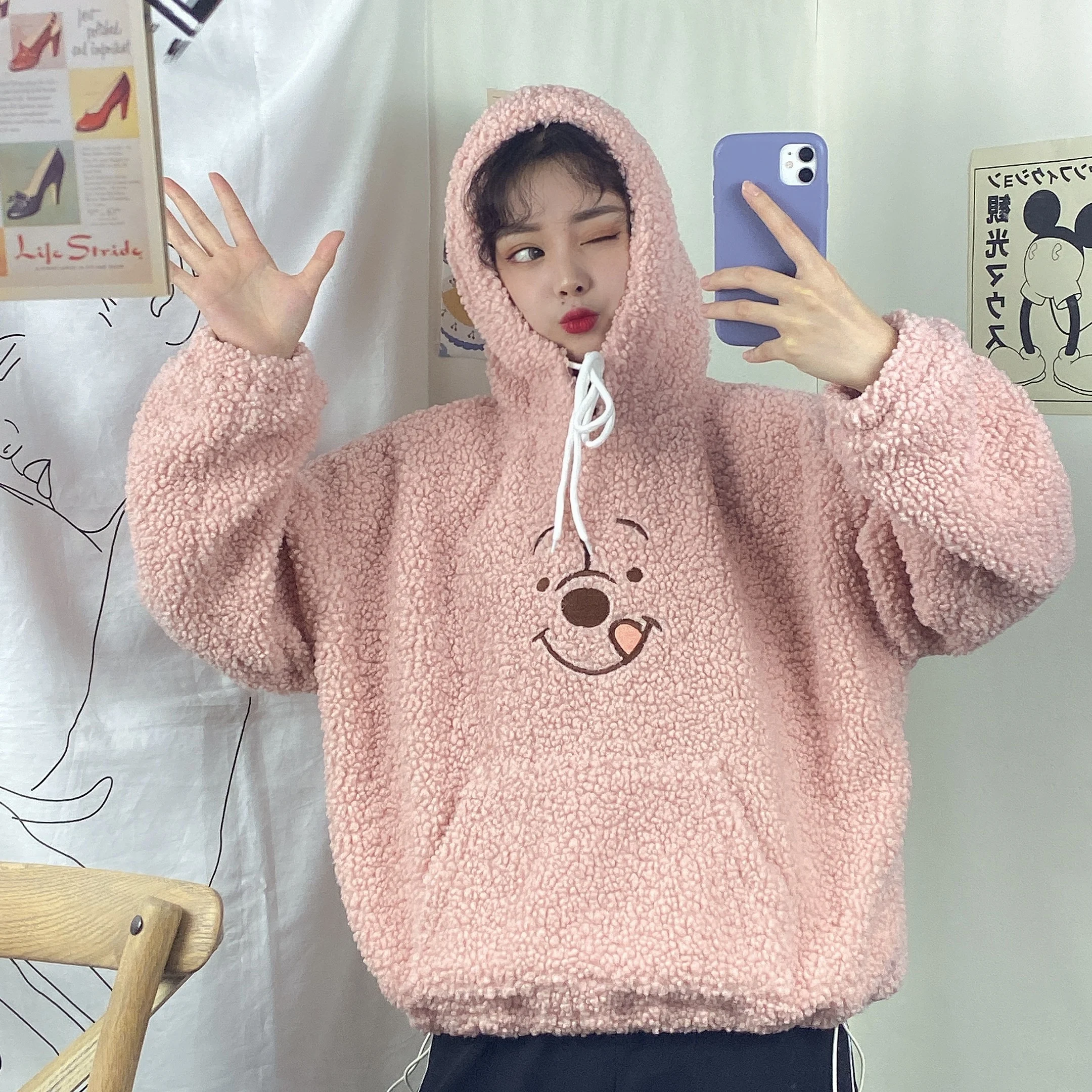 Овечья кашемировая Толстовка большого размера для женщин кавайный мультяшный