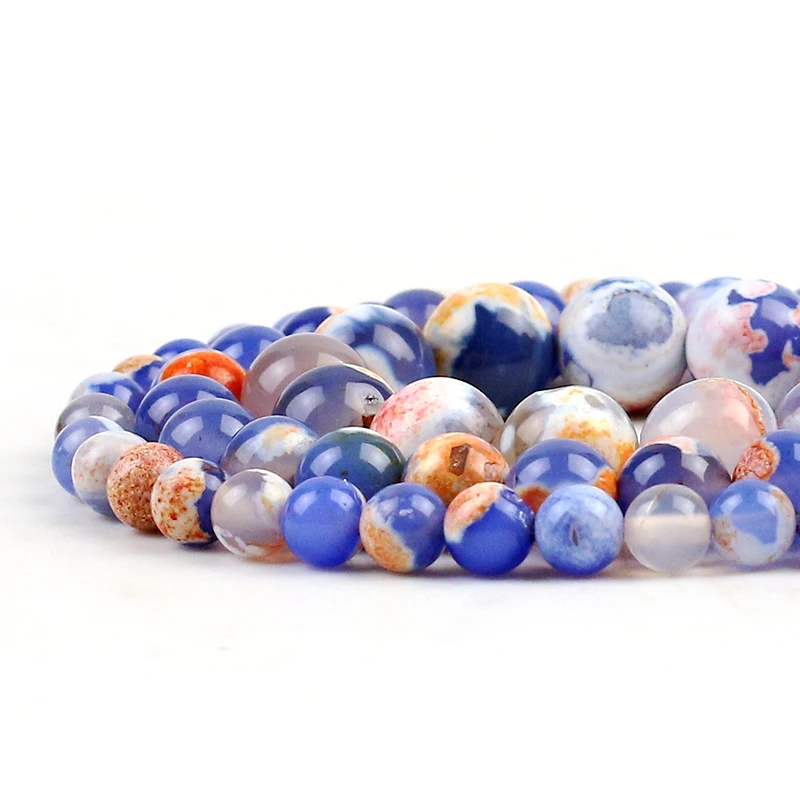 

Natural Blue Orange Snowflake Agates Beads Round Loose Stone Beads 15''6/8/10mm for Making Charms Jewelry DIY Bracelet