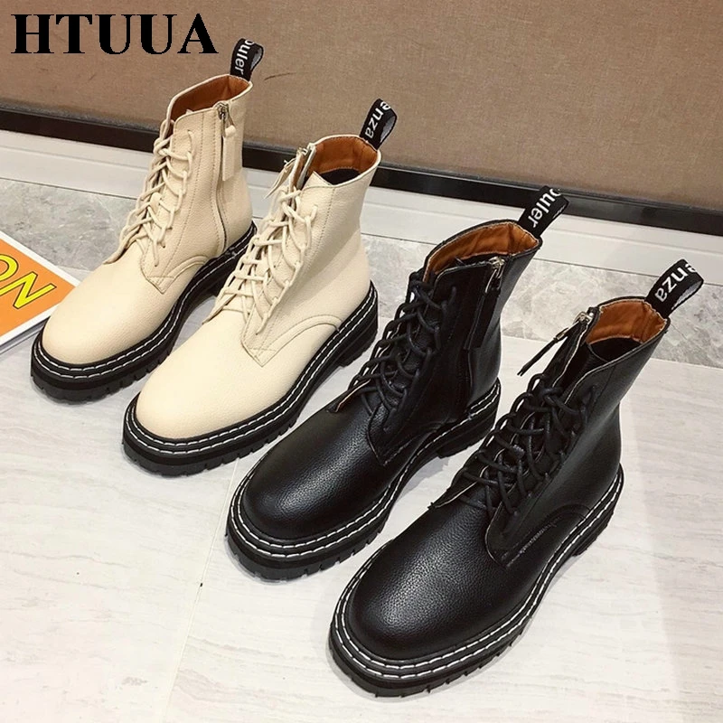 HTUUA/качественные женские ботильоны Цвет черный бежевый повседневные ботинки Martens