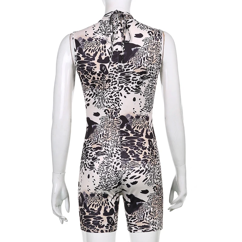 

CIBBAR Casual Leopard Print Hollow Out Playsuit Women Sleeveless Short Pants One Piece Summer Hot Bodycon Jogging Sporty Rompers