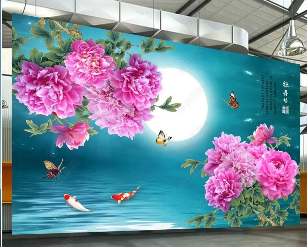 

3d photo wall paper custom mural Chinese style peony blossoms full moon bedroom Wallpaper for walls in rolls home decor
