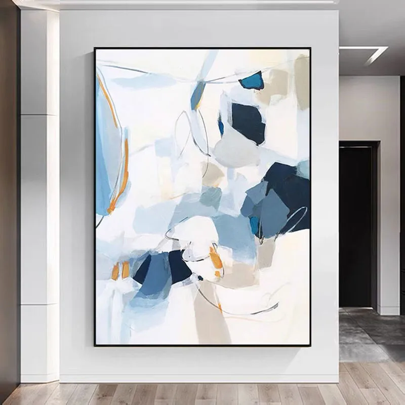 

Nordic Abstract Geometric Blue Wall Art Canvas Oil Painting Golden Art Poster Handmade Wall Picture for Living Room No Frame