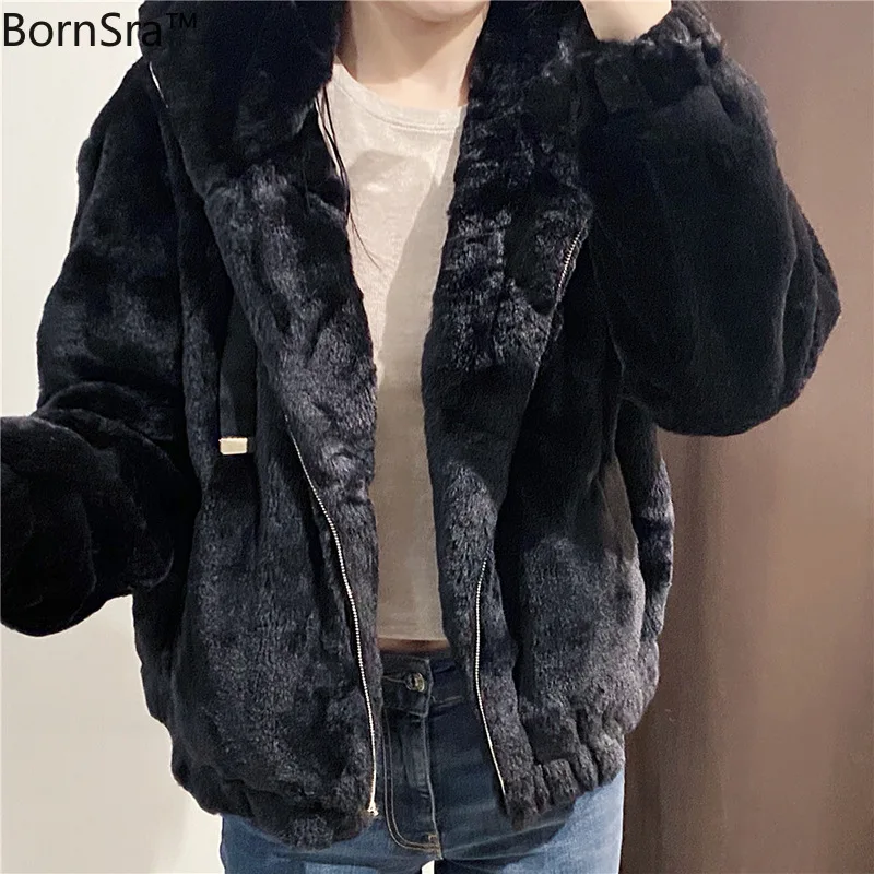 

Bornsra 2020 Autumn/winter Black New Temperament Women's Fashion European and American Fur Effect Hooded Jacket Jacket.