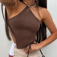fsda 2021 summer halter neck crop top women knit backless white sexy t shirts bandage party casual brown tank tops