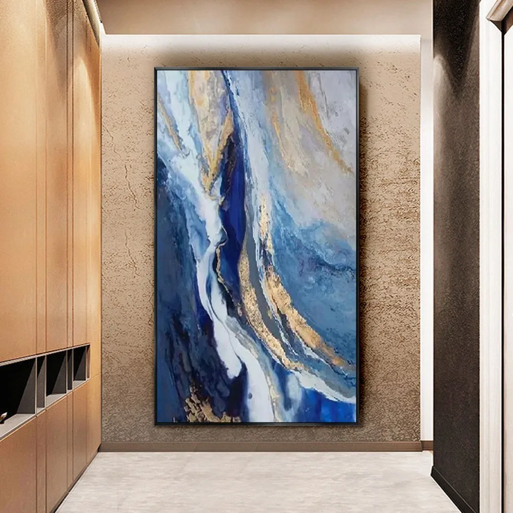 

Hot sale blue gold home decoration painting hand-painted oil painting abstract seascape texture canvas painting living room art