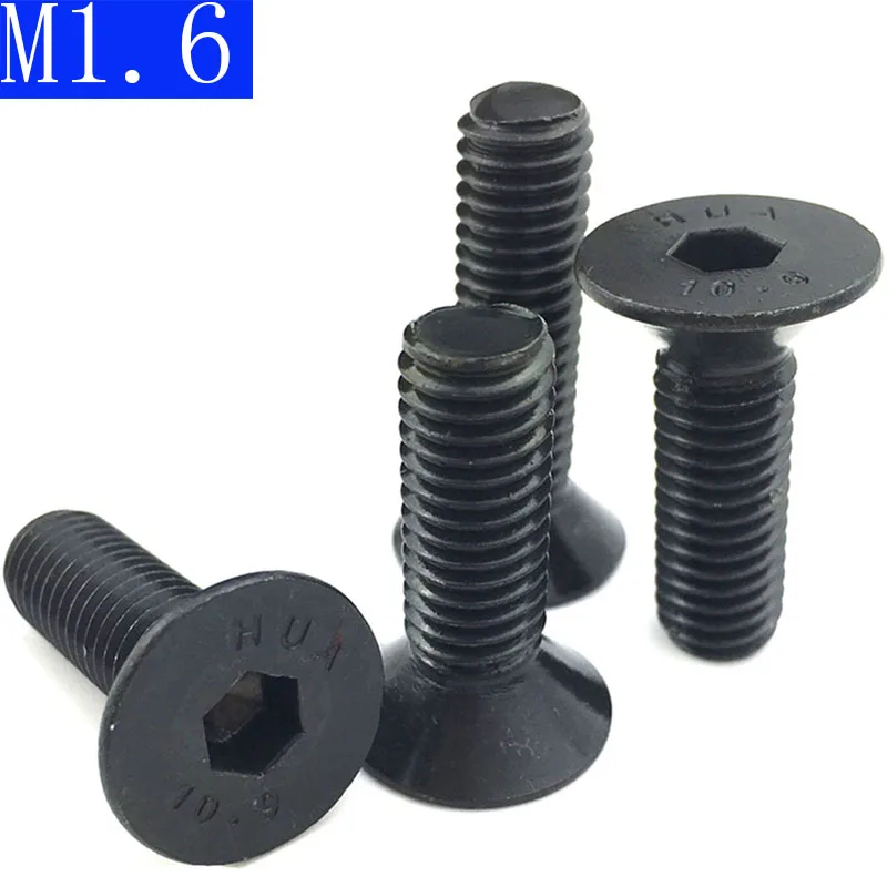

M1.6 - 0.35 1.6mm DIN7991 Black 10.9 Class Alloy Steel Hex Socket Countersunk Head Screw Flat Hex Socket bolts DIN 7991