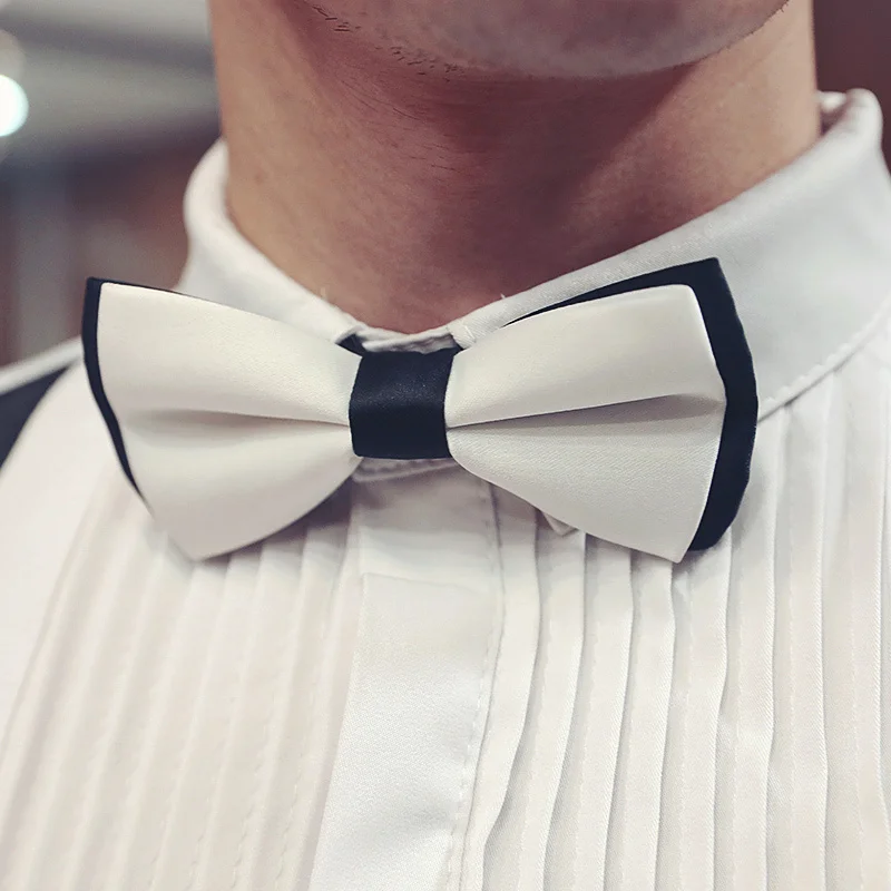 Рубашка мужская Плиссированная приталенная с бабочкой Черная/белая для