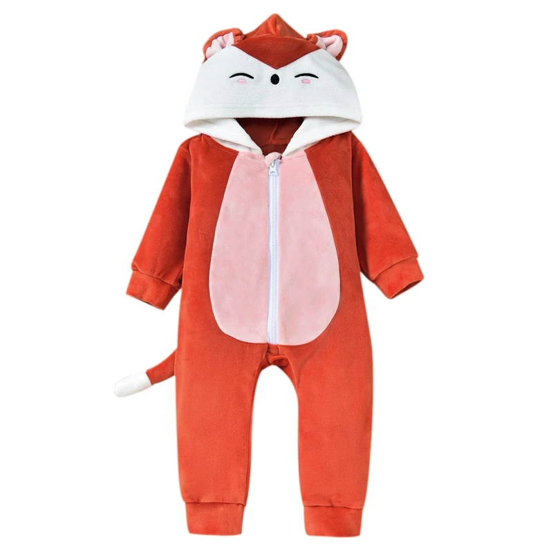 Infant Romper Newborn Baby's Clothes Fox Hooded Jumpsuit With 3D Tail Smooth Zipper Cartoon Style Autumn Children's Clothing Set |