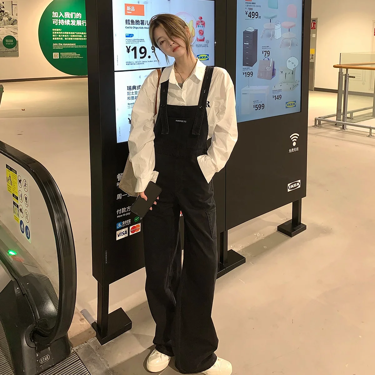 

Black pants design sense Female Minority straight tube loose wide leg cowboy suspender pants female spring and autumn tide small