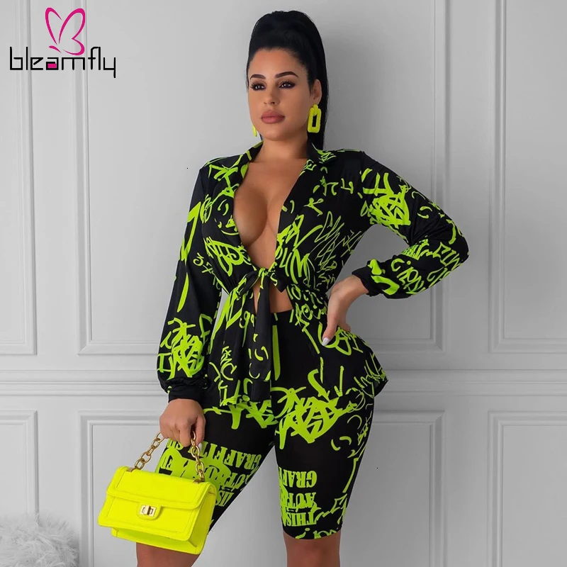 Осенний Женский комплект с буквенным принтом длинным рукавом v образным вырезом