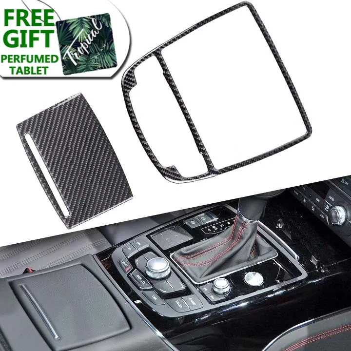 

Car Carbon Fiber Car Interior Gear Shift Panel Decoration Water Cup Holder Box Accessories Sticker for AUDI A6 A7 C7 2014 2015
