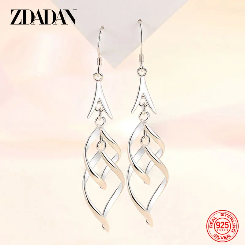 ZDADAN 925 Sterling Silver Twisted Long Dangle Earrings For Women Wedding Jewelry Gift