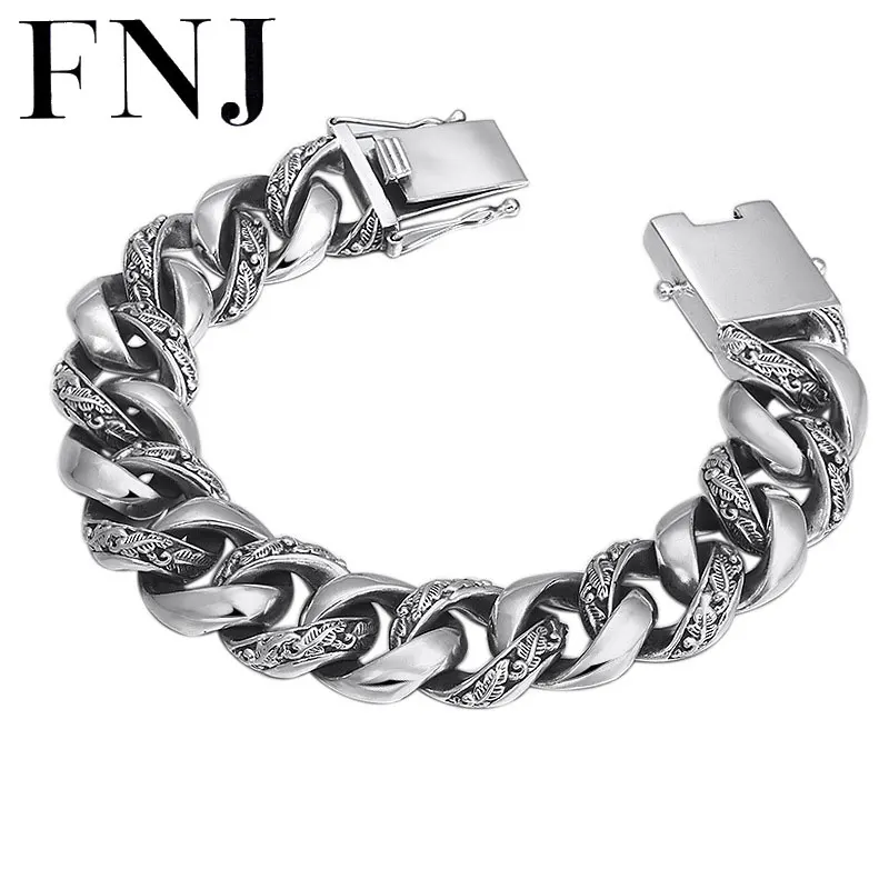 

FNJ 925 Silver Bracelet Statement Feather 20cm Big Chain Width 7mm Original Pure S925 Silver Bracelets for Men Jewelry Fine