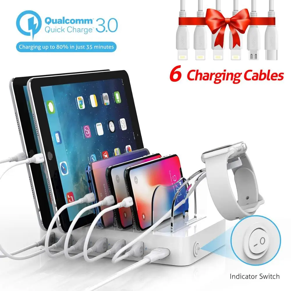 Soopii 60 W/12A 6-портовая usb зарядная станция для нескольких устройств, QC 3,0 зарядная станция с 6 смешанными кабелями в комплекте