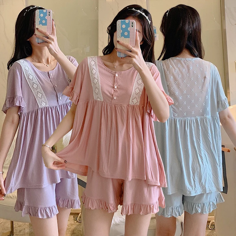 

2021 Summer Short Sleeve Modal Shorts Pajama Sets for Women Korean Cute Lace Sleepwear Suit Pyjama Homewear Pijama Mujer Clothes