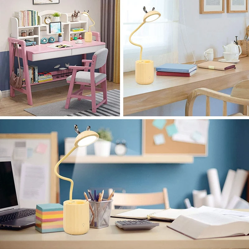 

Cute Desk Lamp with USB Charging Port, Contact Control Eye-Caring Desk Lamp with Pencil Holder for Desk Table Bedroom