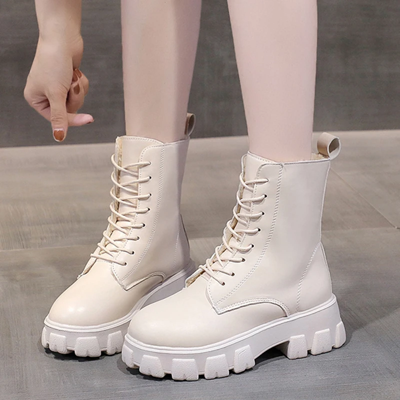 Chunky Platform Ankle Boots for Women 2022 Autumn Winter Warm Plush PU Leather Botas Mujer Thick Sole Lace Up Shoes Woman