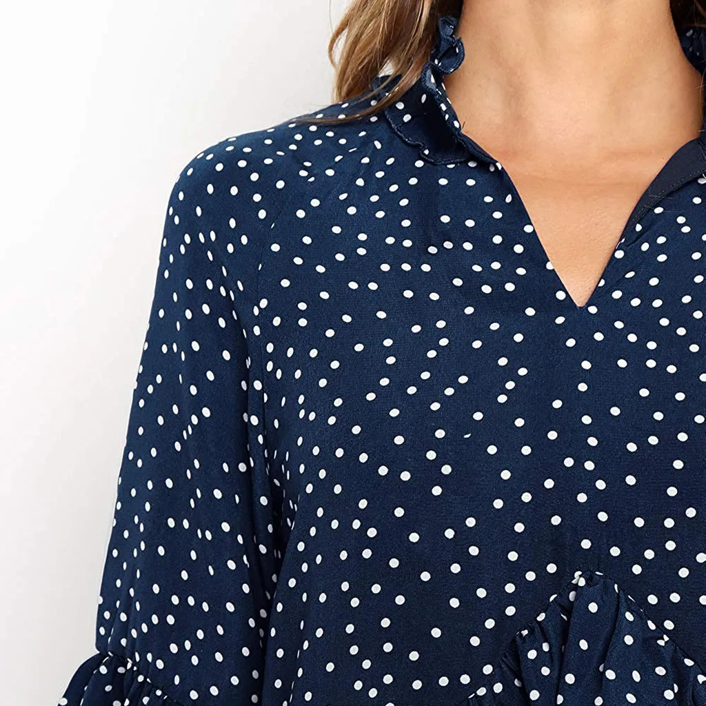 Женское мини-платье в горошек с V-образным вырезом и расклешенными рукавами |