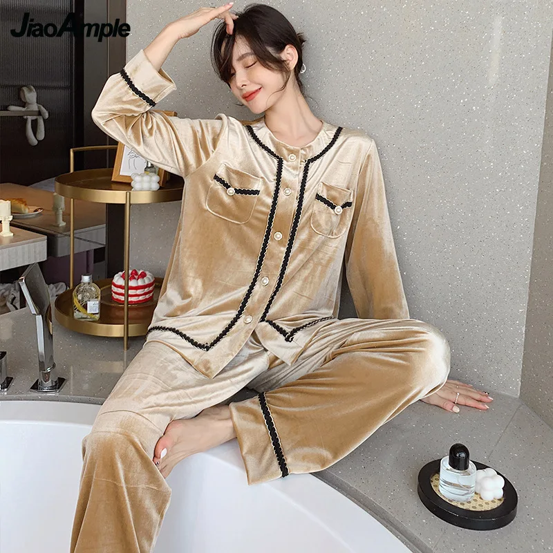 2022 Spring Autumn New Gold Velvet Pajamas Women's Elegant Pearl Button Long-sleeved Trousers Pijamas Suit Female Nightwear Set