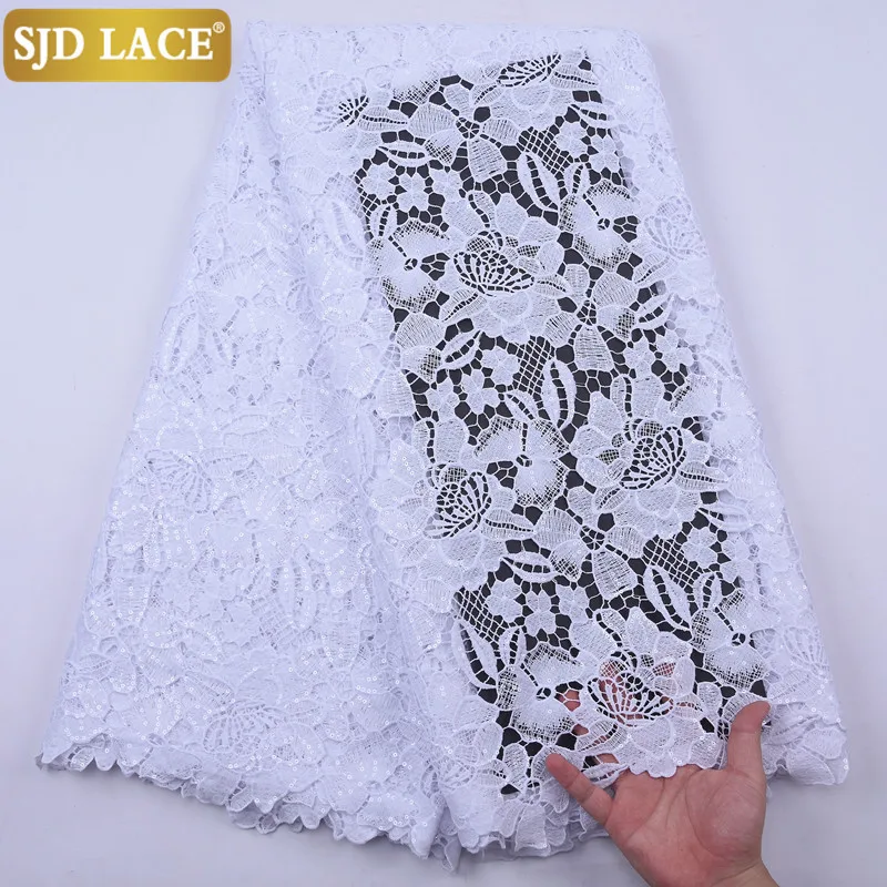 

Кружевная белая африканская кружевная ткань SJD с блестками, высококачественный водорастворимый гипюр, кружевная ткань для свадебного плат...