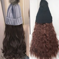synthetic long curly hair with beanie wigs for women natural hair color black brown keep warm in winter girls daily hat mumupi
