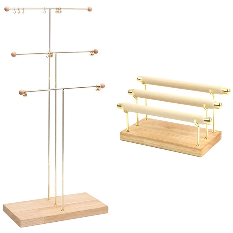 

1 Pcs 49 X 23 X 12Cm Metal 3 Tier Tabletop Bracelet & 1 Pcs 19 X 10 X 12Cm Wooden Jewelry Display Stand Ring Holder