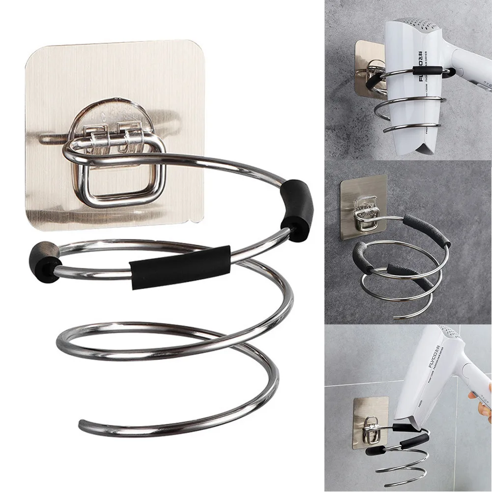

Hair Dryer Holder Organizer Rack Wall Punching Mounted Stand Bathroom Silver Stainless Steel Storage Shelves Household Use