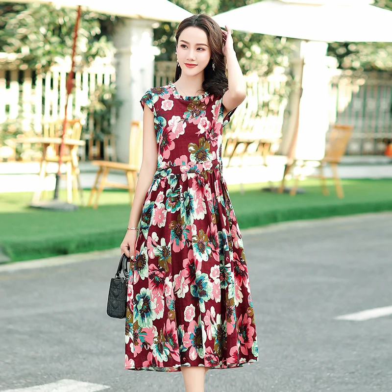 Women Long Slim Floral Print Dress XL- 6XL Middle-aged Ladies Short Sleeve Elegant Mother Cotton Female Vestidos Clothes | Женская