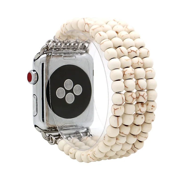LuReen натурального камня бирюзы Эластичная лента для наручных часов Apple Watch серии 1/2/3, 42 мм, 38 мм, версия браслет ремешок для наручных часов iwatch, 4/5 40 мм 44 мм - Цвет ремешка: White-turquoise