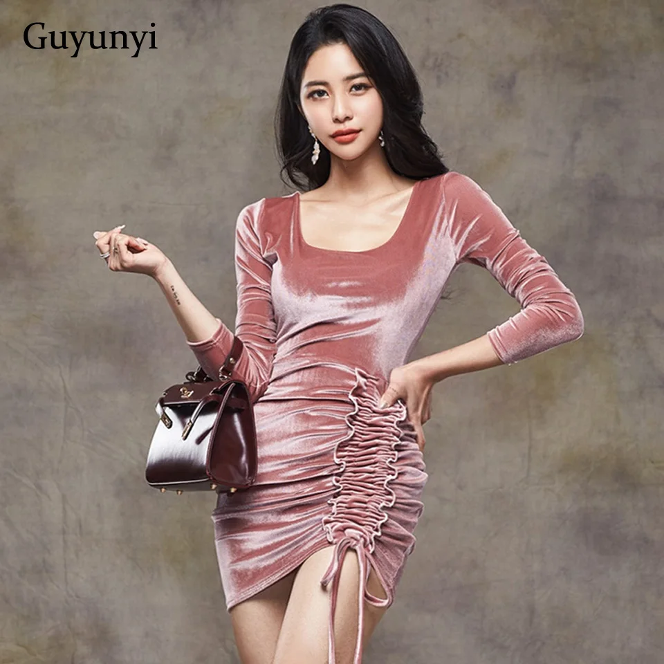 

Pink High Street Velvet Dress 2022 Spring Simple Folds High Waist Tight Pencil Dress Sexy Mini Temperament Party Dress Women