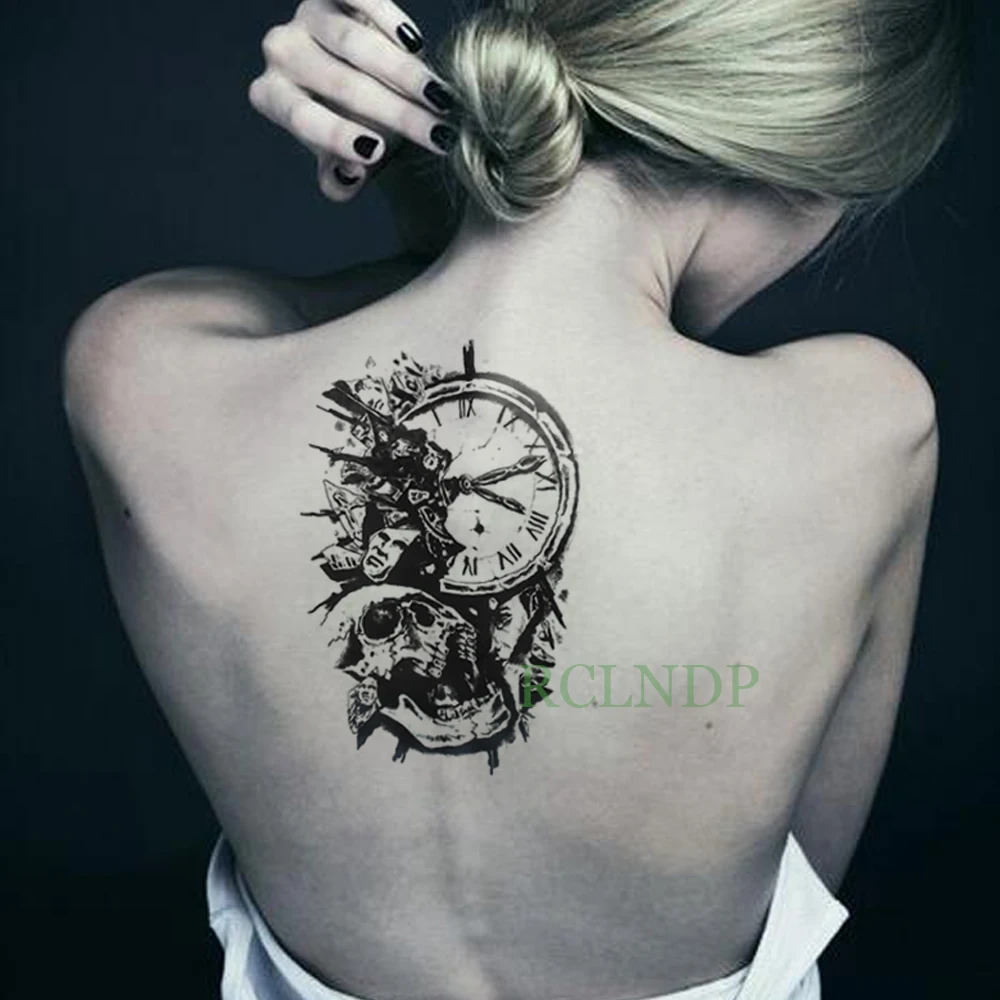

Waterproof Temporary Tattoo Sticker Skull Head Clock Fake Tatto Flash Tatoo Back Leg Arm Belly Big Size for Women Girl Men