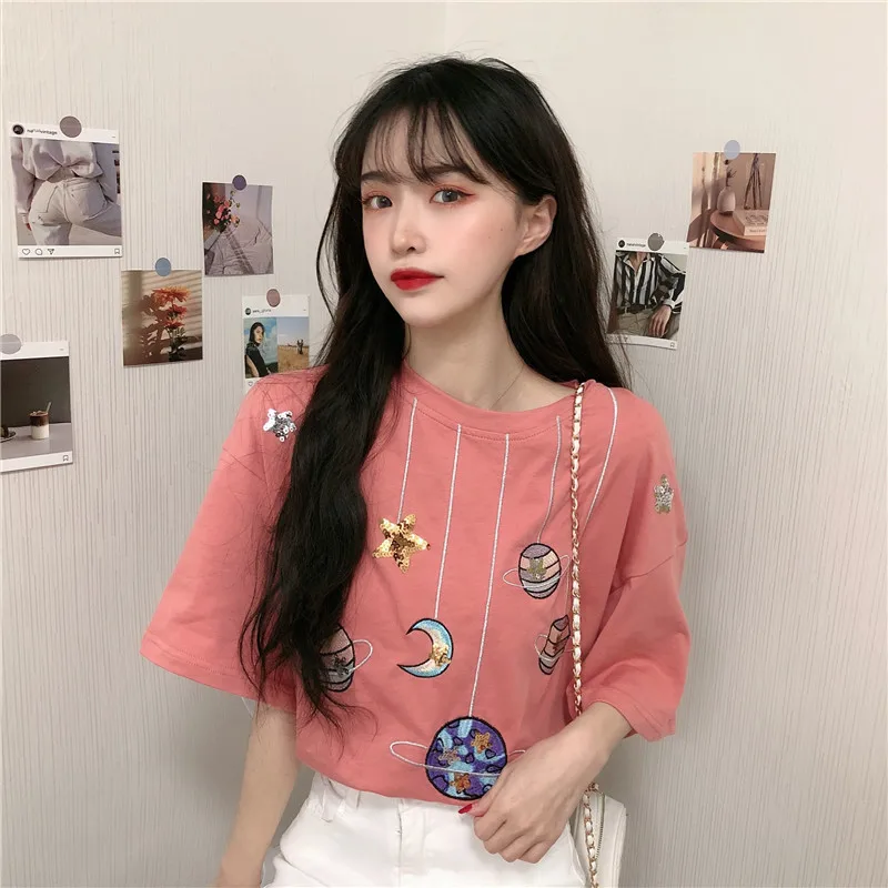 

4162 new Korean version of loose fun print age reduction all-match round neck short sleeve T-shirt