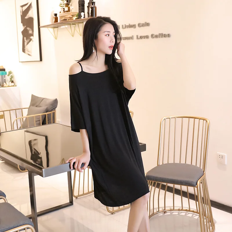 

Пикантная хлопковая ночная рубашка с открытыми плечами и рукавом до локтя, до колена, модная Свободная Женская одежда для сна большого разм...