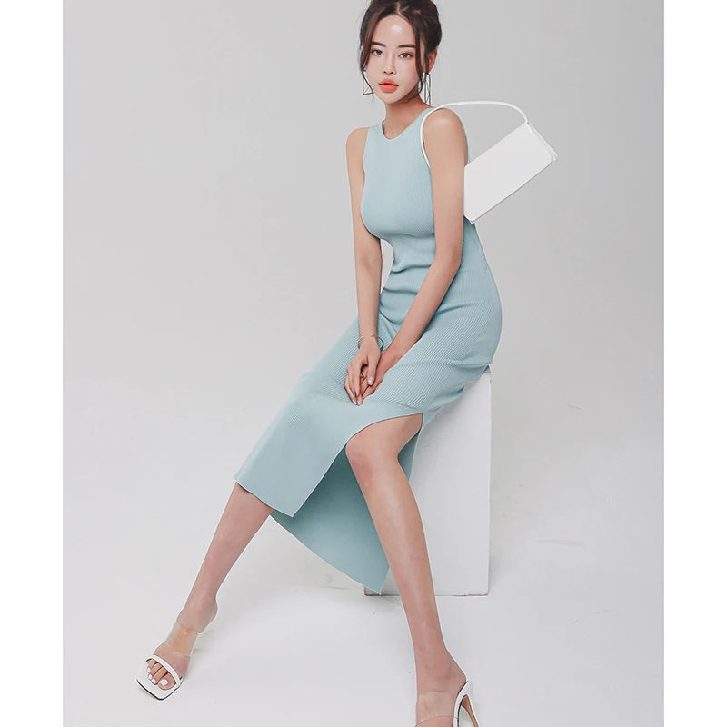 

Summer New Knitted Backless Mid Dress Women Sleeveless O Neck Bodycon Vintage Solid Slim Knit Dresses Female