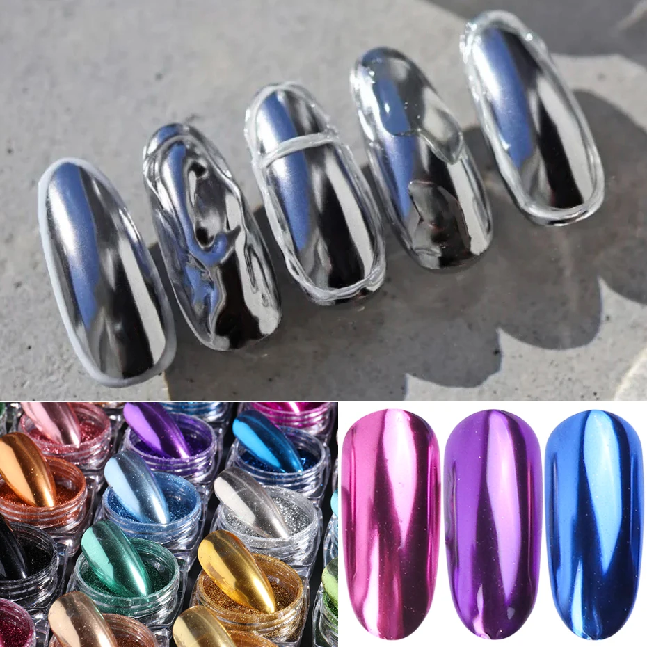 

Зеркальный ногтевой порошок металлический хром блестящий красочный пигмент пыль блестки украшения для ногтей Аксессуары для маникюра ...