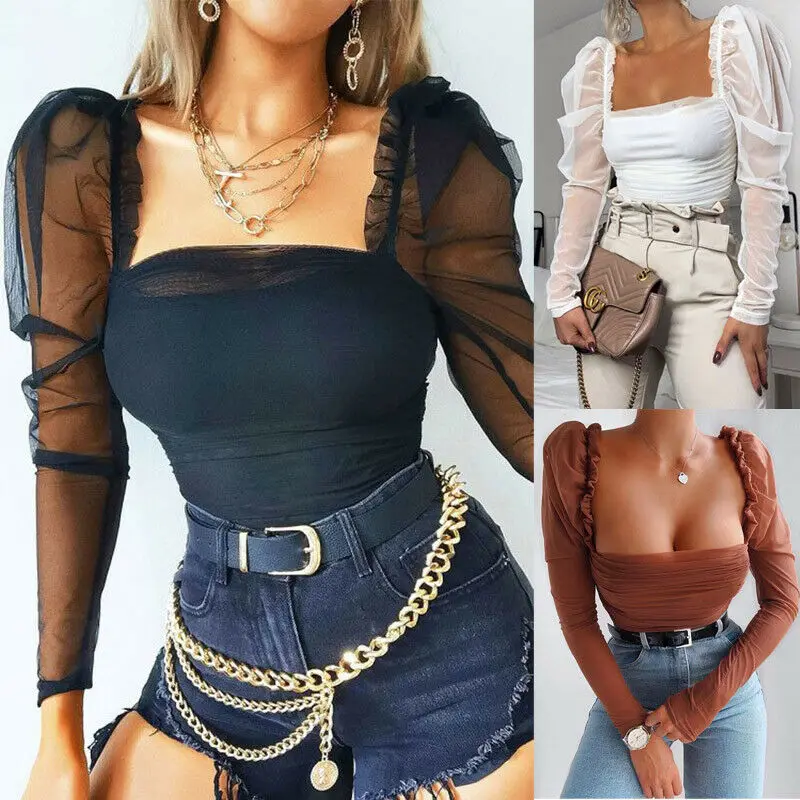 

2020 New Fashion Women Sheer Mesh Ruched Puff Long Sleeve Square Neck Slim Fitted Blouses Office Ladies Blouse Shirts Black